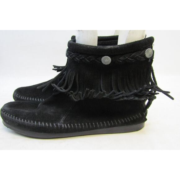 Minnetonka Womens Size 7 Black Suede Zip Fringe Ankle Fashion Boots Bootie - Picture 1 of 11